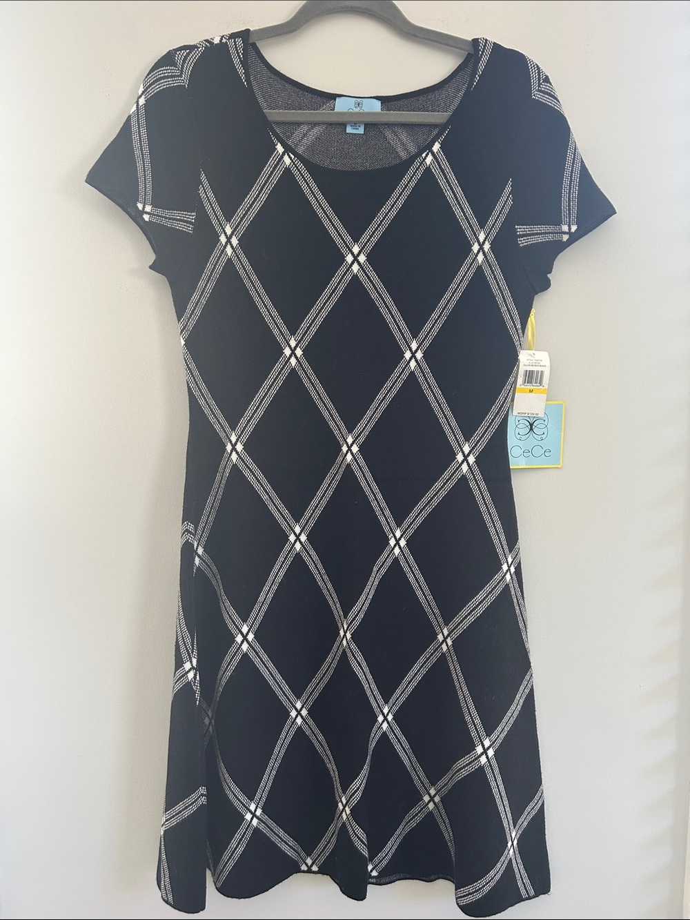 CeCe Black Midi Dress with White Argyle Pattern
